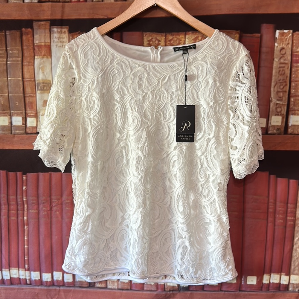 Adrianna Papell White Lace Blouse NWT Womens Large Short Sleeve Elegant Top